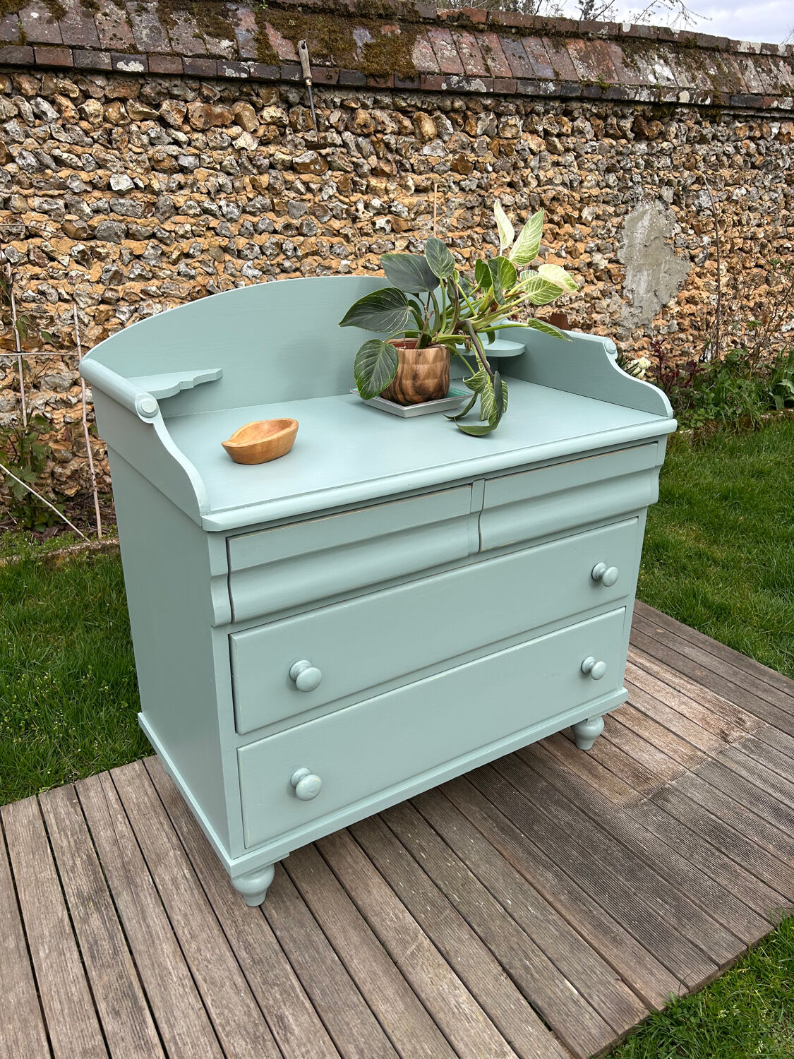 Vintage 4-drawer chest in sage green pine.