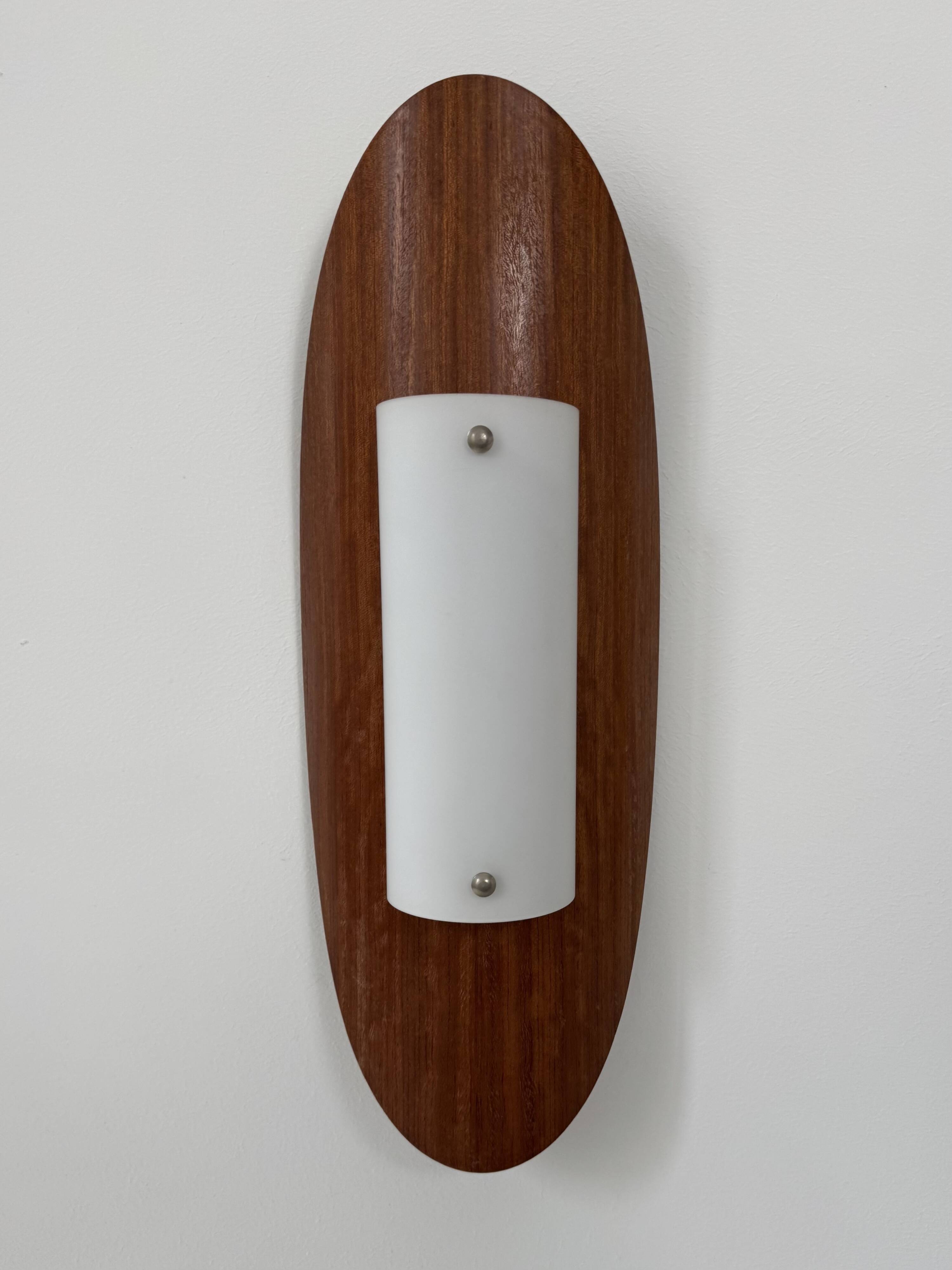 Pair of vintage wall lights in thermoformed wood and opaline glass, France, 1980.