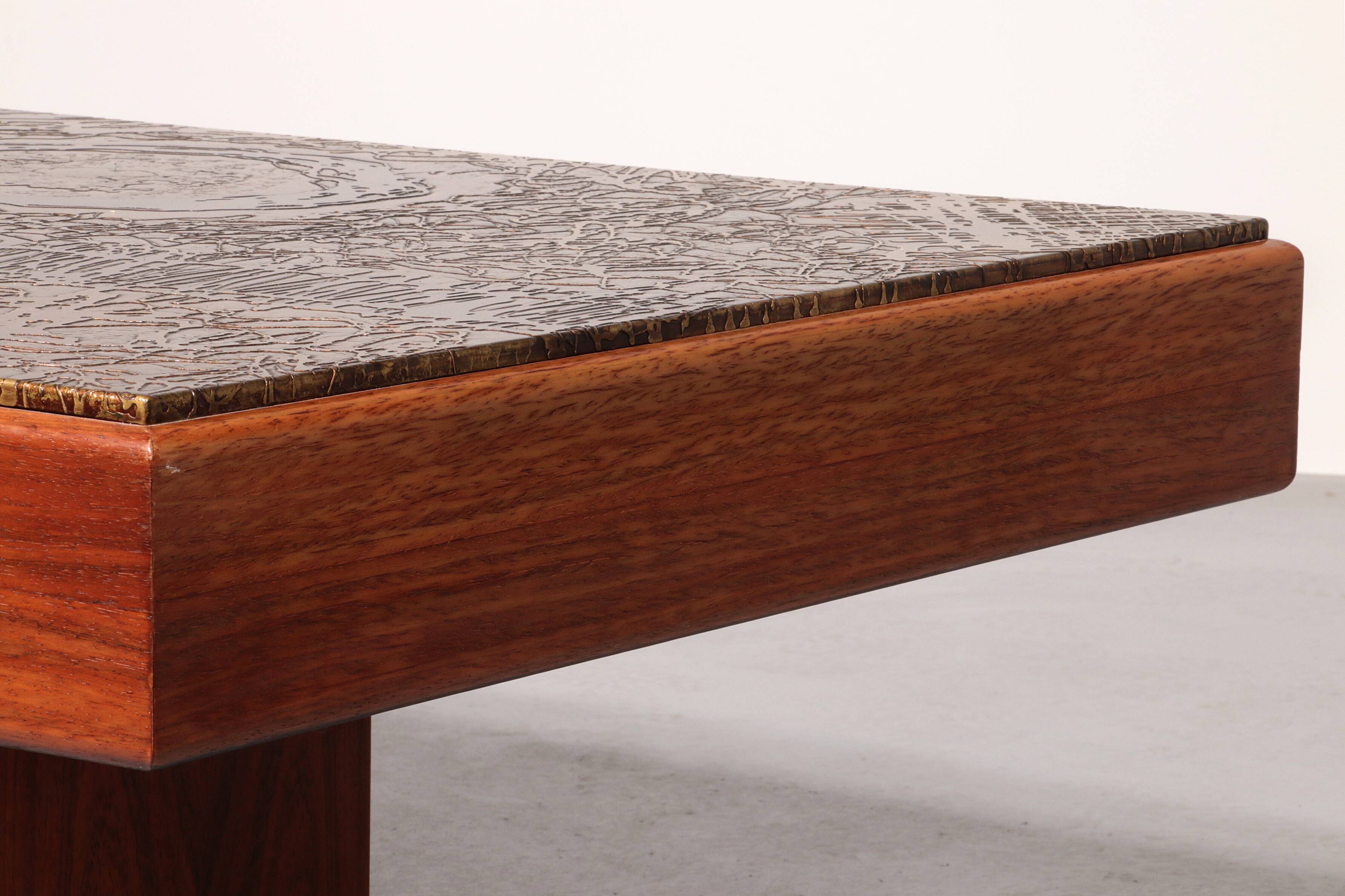 Brutalist Coffee Table with Copper Top and Wooden Base