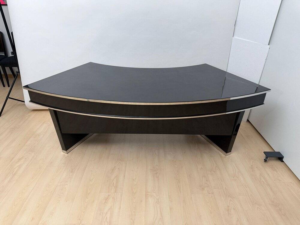 Art Deco desk in black lacquer, walnut & metal, France, 1950