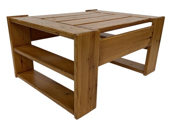 Table basse vintage en bois de pin design années 1970