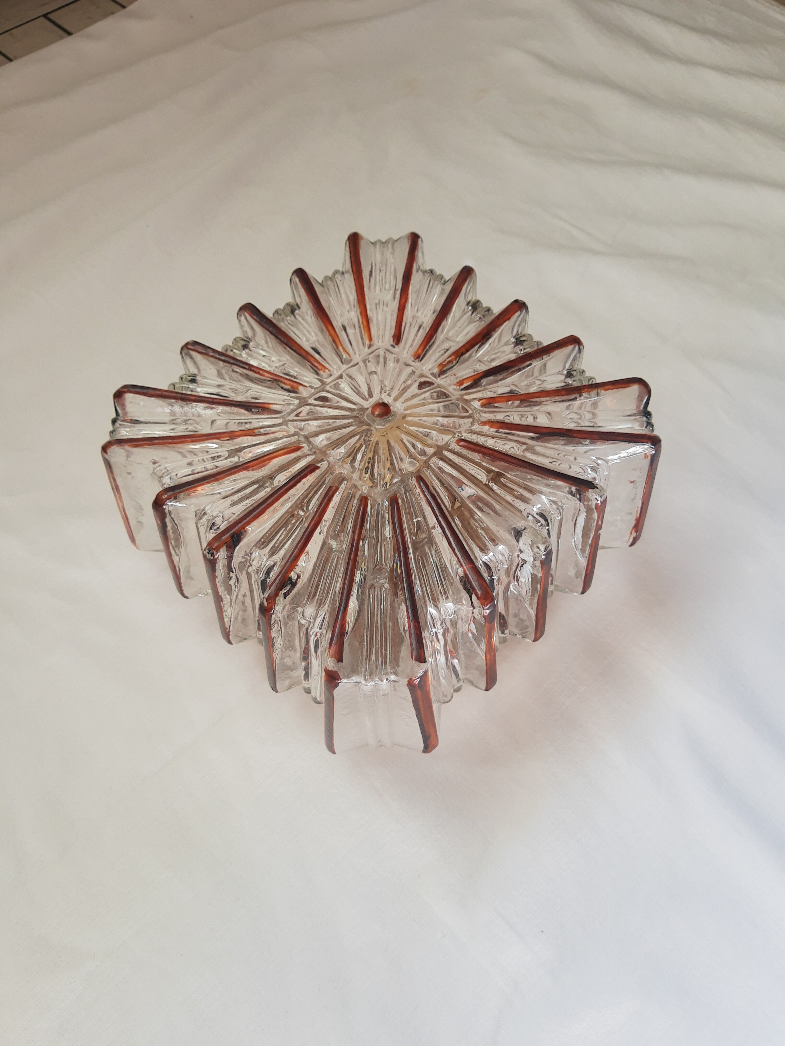 Ceiling lamp / wall lamp in molded glass two-tone square 70s