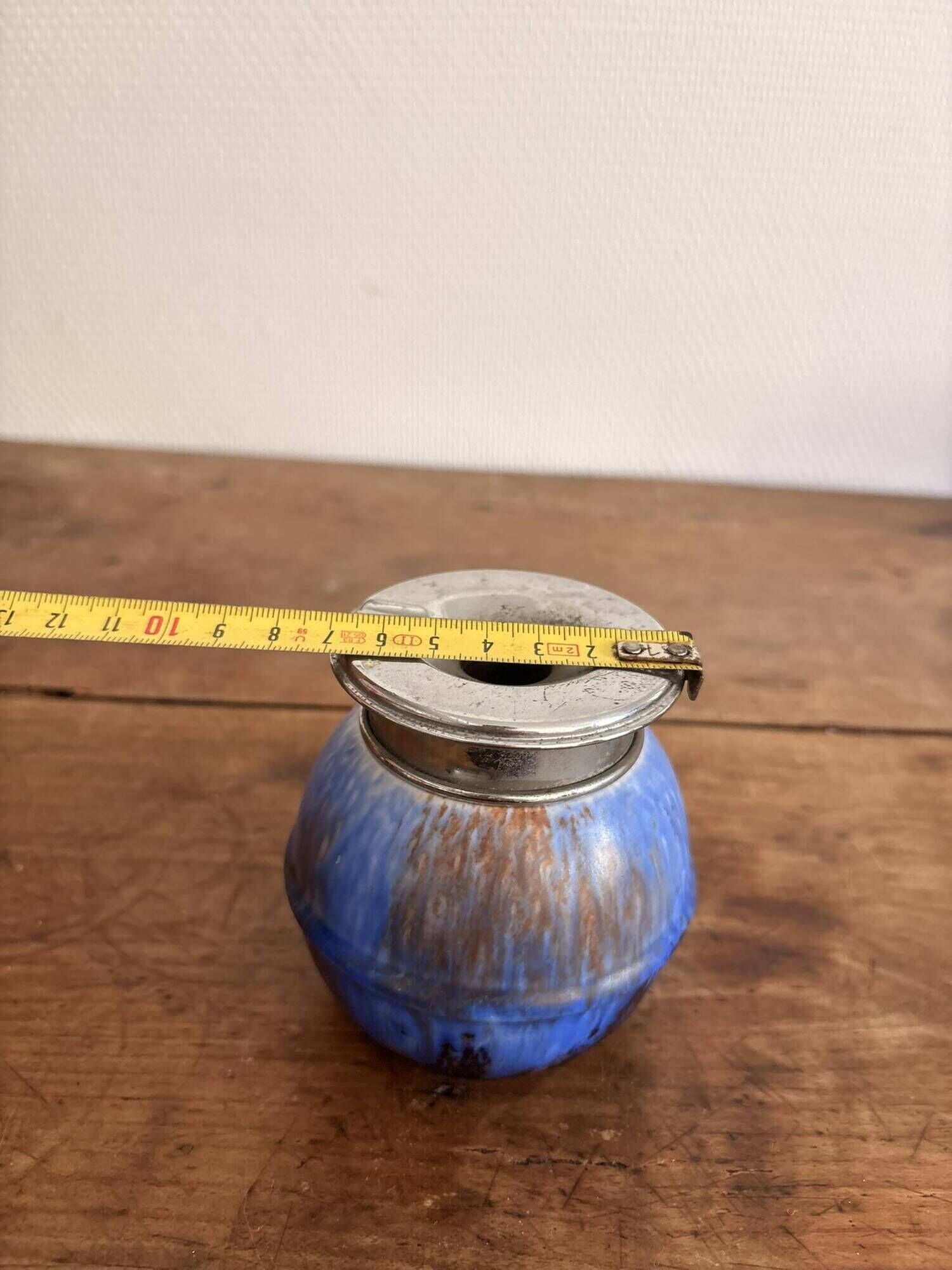 Toad Ashtray No-Smoke Blue Flamed Ceramic and Chrome Metal Art Deco
