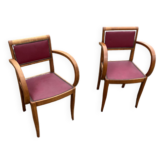 Paire de fauteuil bridge vintage clouté cuir rouge