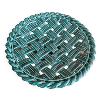 Vintage braided green ceramic fruit cup 50s - 60s