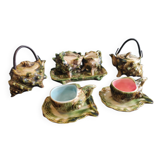 French vintage tea set for two in Majolica, with maritime inspiration