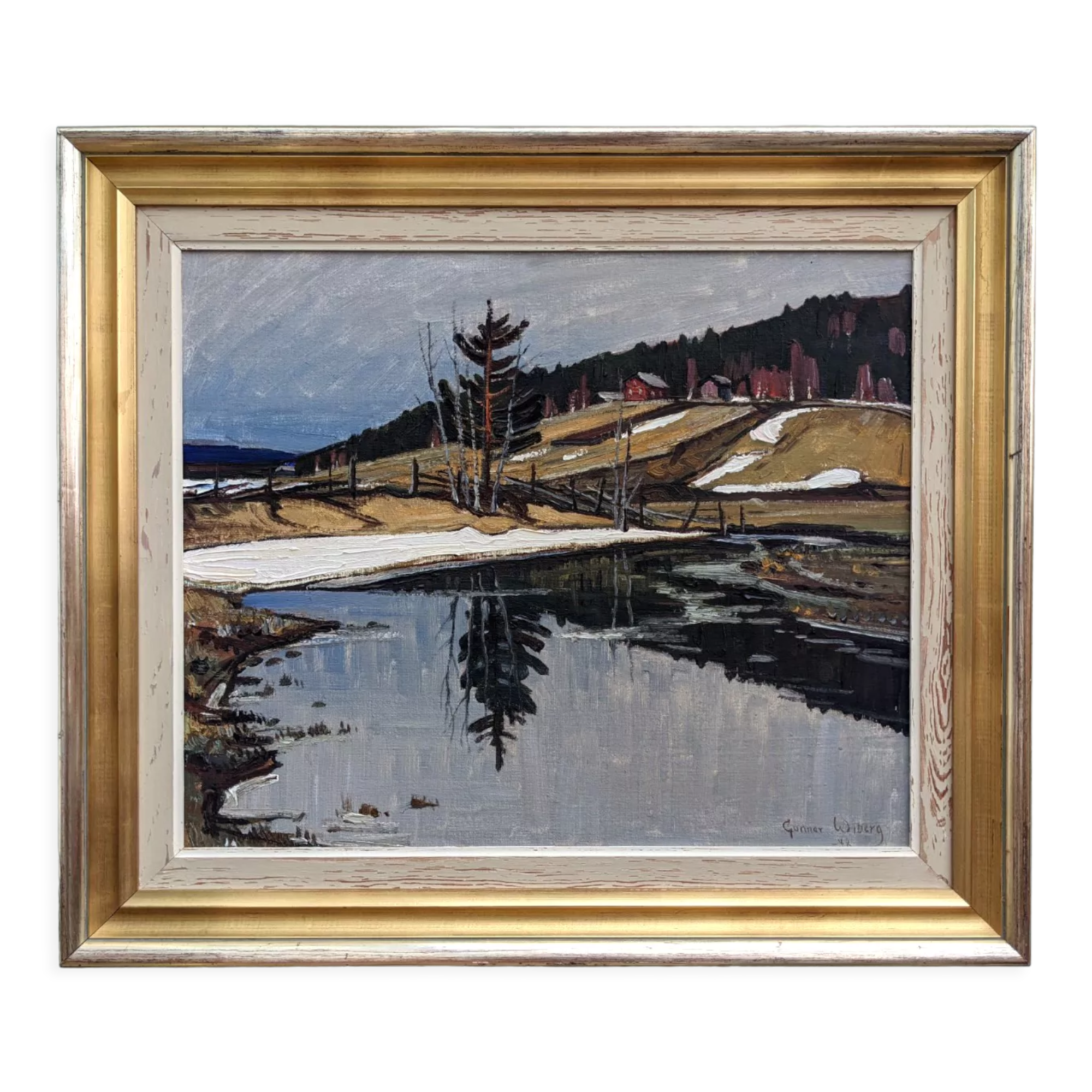 1948 Mid-Century Modern Swedish "Still" Vintage Landscape Oil Painting, Framed