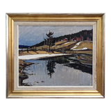 1948 Mid-Century Modern Swedish "Still" Vintage Landscape Oil Painting, Framed