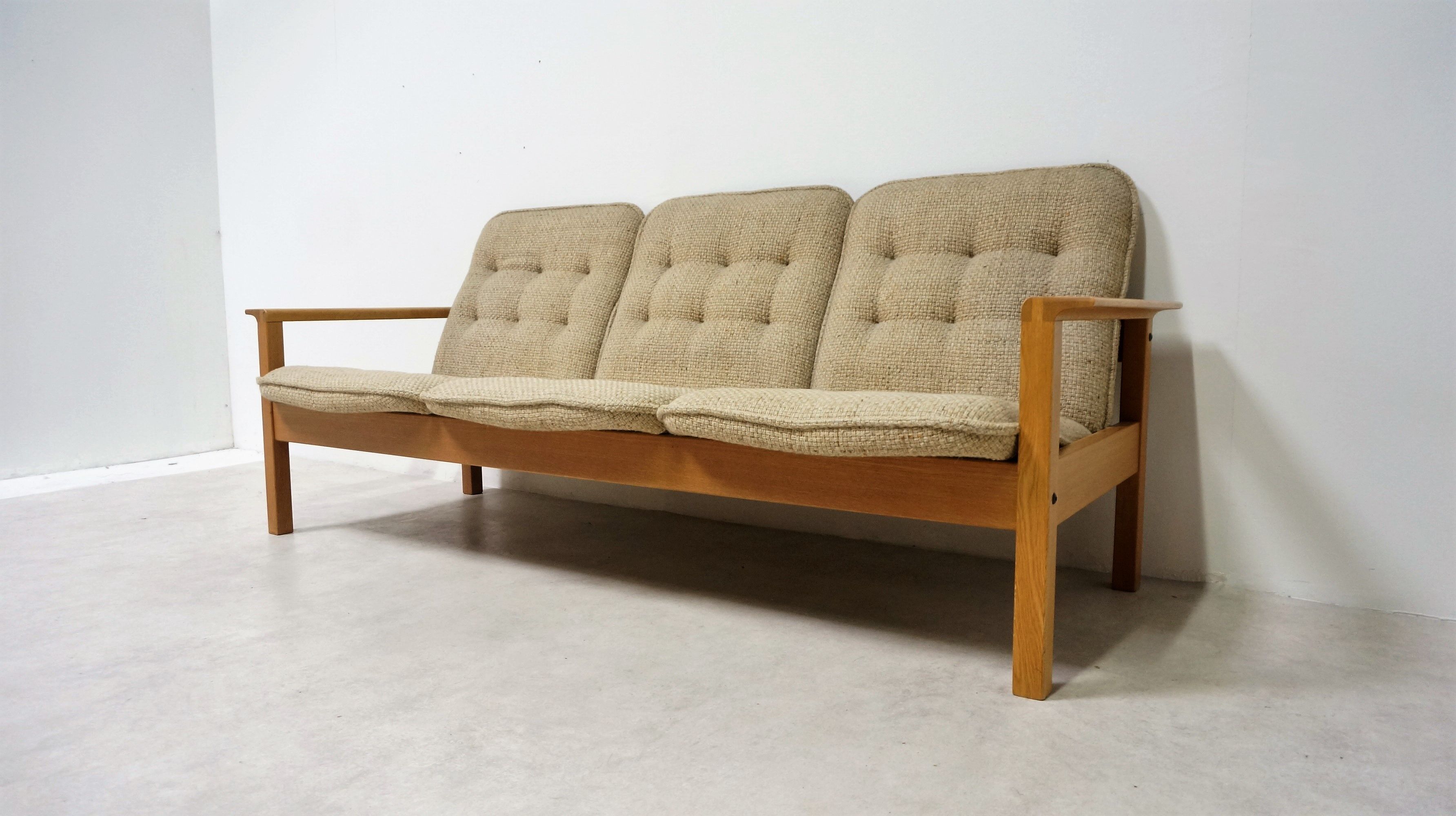 Vintage oak and fabric sofa