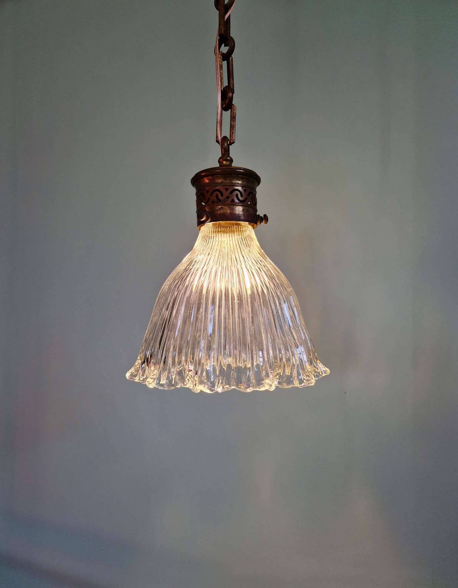 Art Deco Holophane pendant light in clear grooved glass, 1920-30
