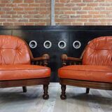 Pair of 60s armchairs in leather and wood
