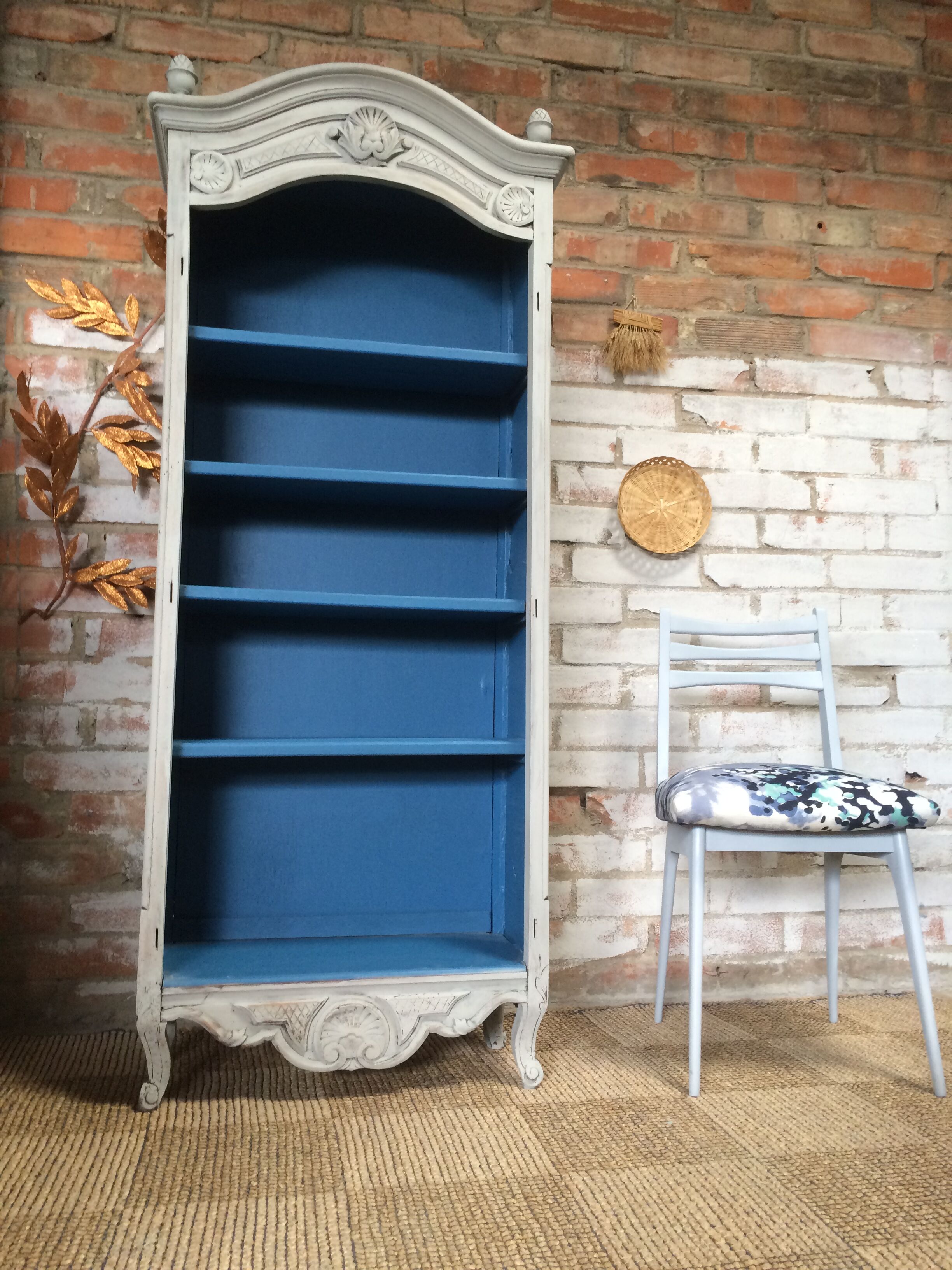 Old bookcase gray & blue wood mouldings