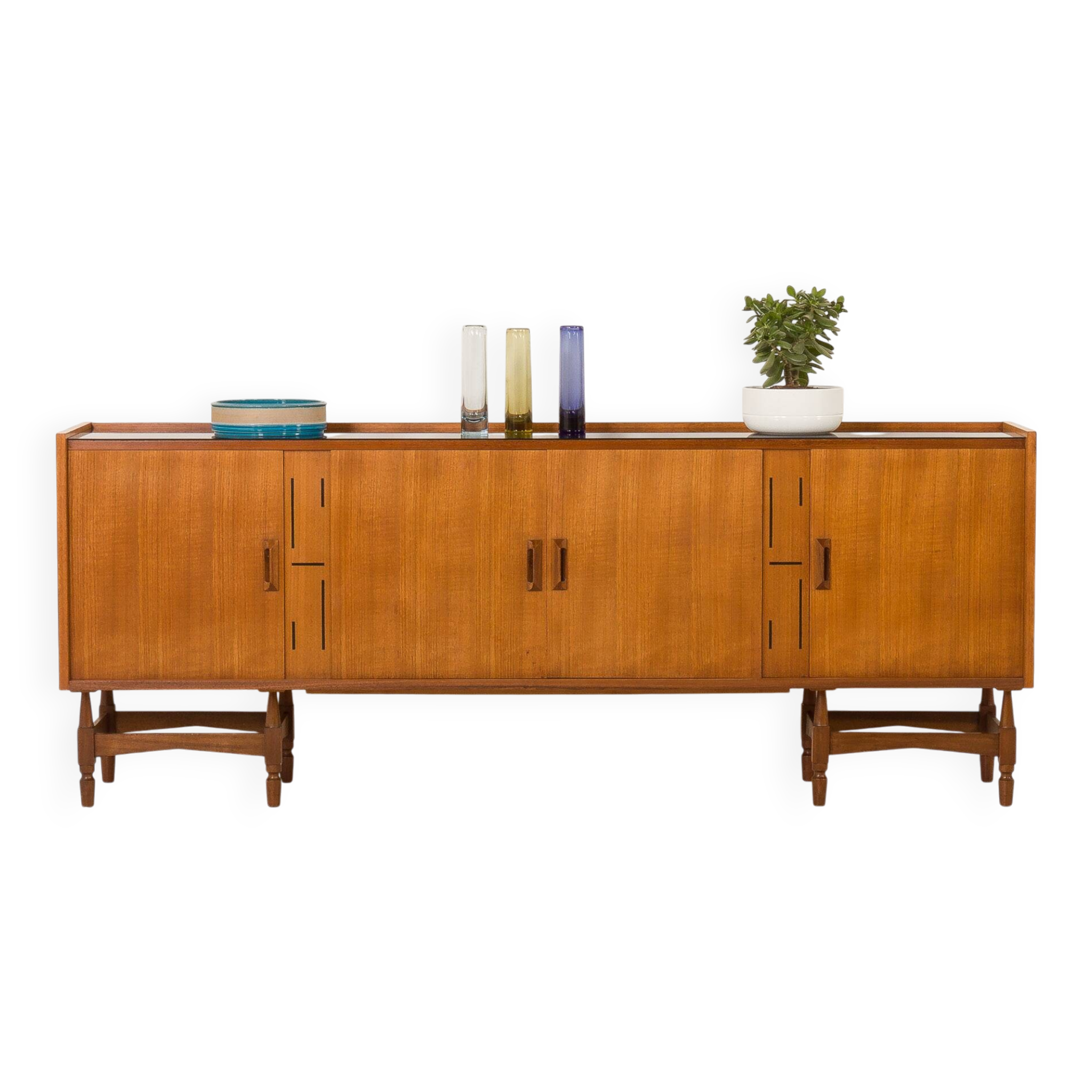 Itaian mid century teak sideboard with black glass top and inlays, 1970s