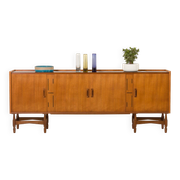 Itaian mid century teak sideboard with black glass top and inlays, 1970s
