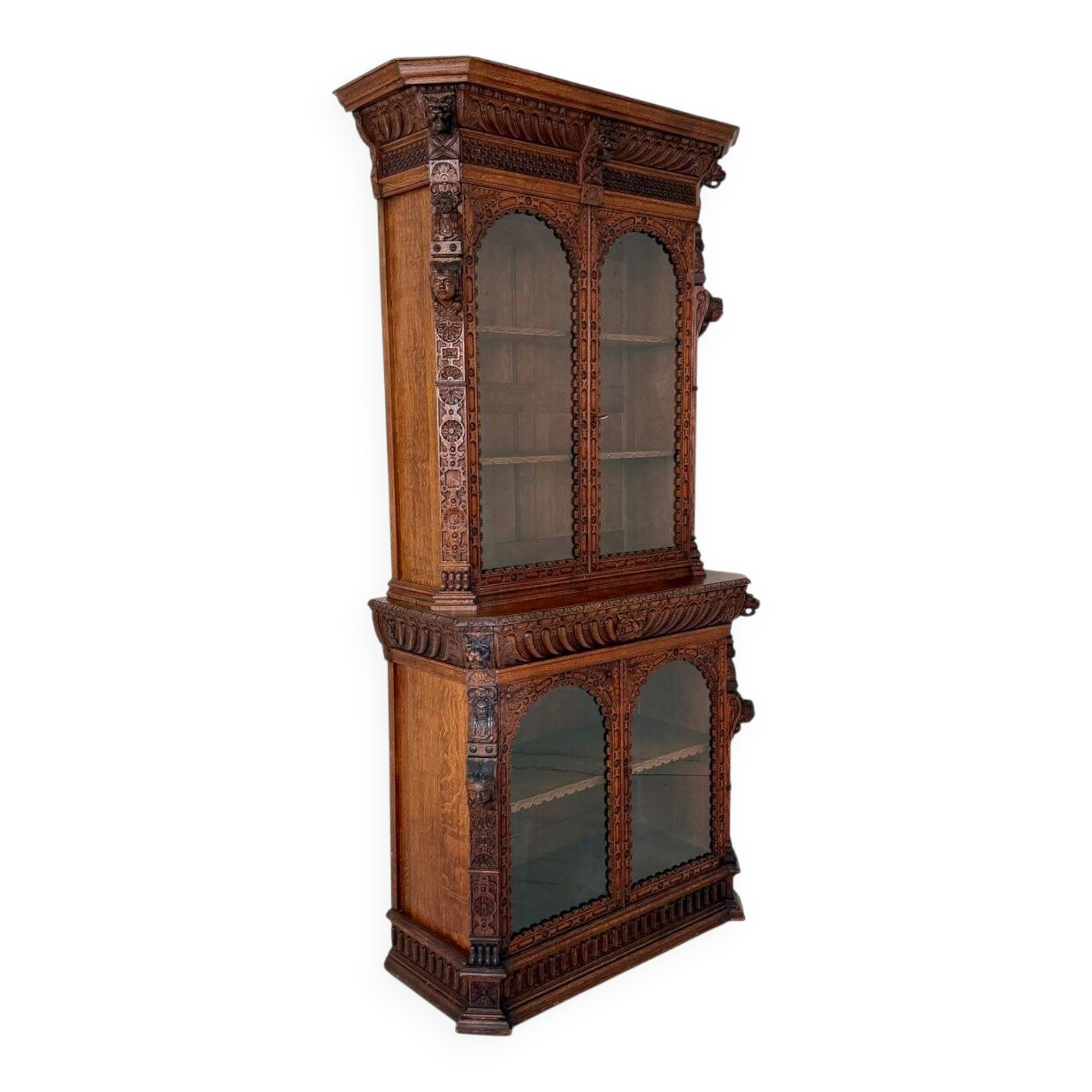 Antique Neo-Renaissance Oak Bookcase with Figural Carvings, 1870