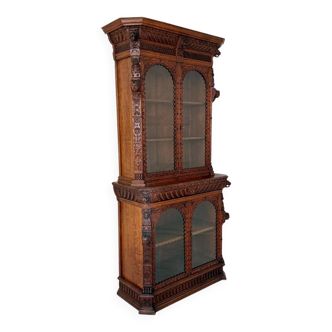 Antique Neo-Renaissance Oak Bookcase with Figural Carvings, 1870