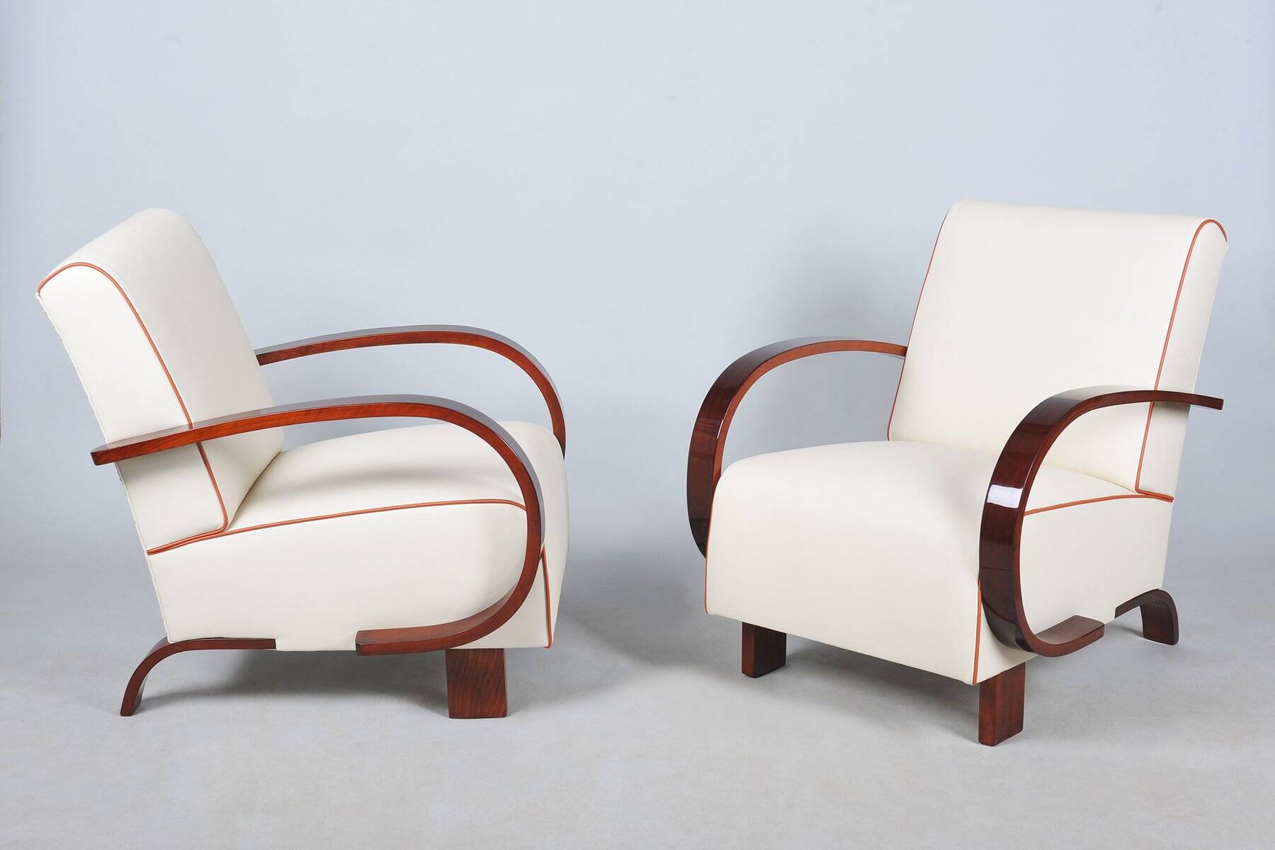Art Deco Armchairs in Walnut and Leather, Czech, 1930s, Set of 2