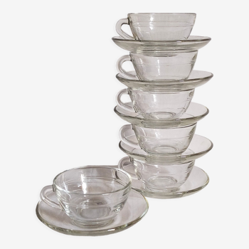 Six tasses et soucoupes duralex en verre transparent vintage