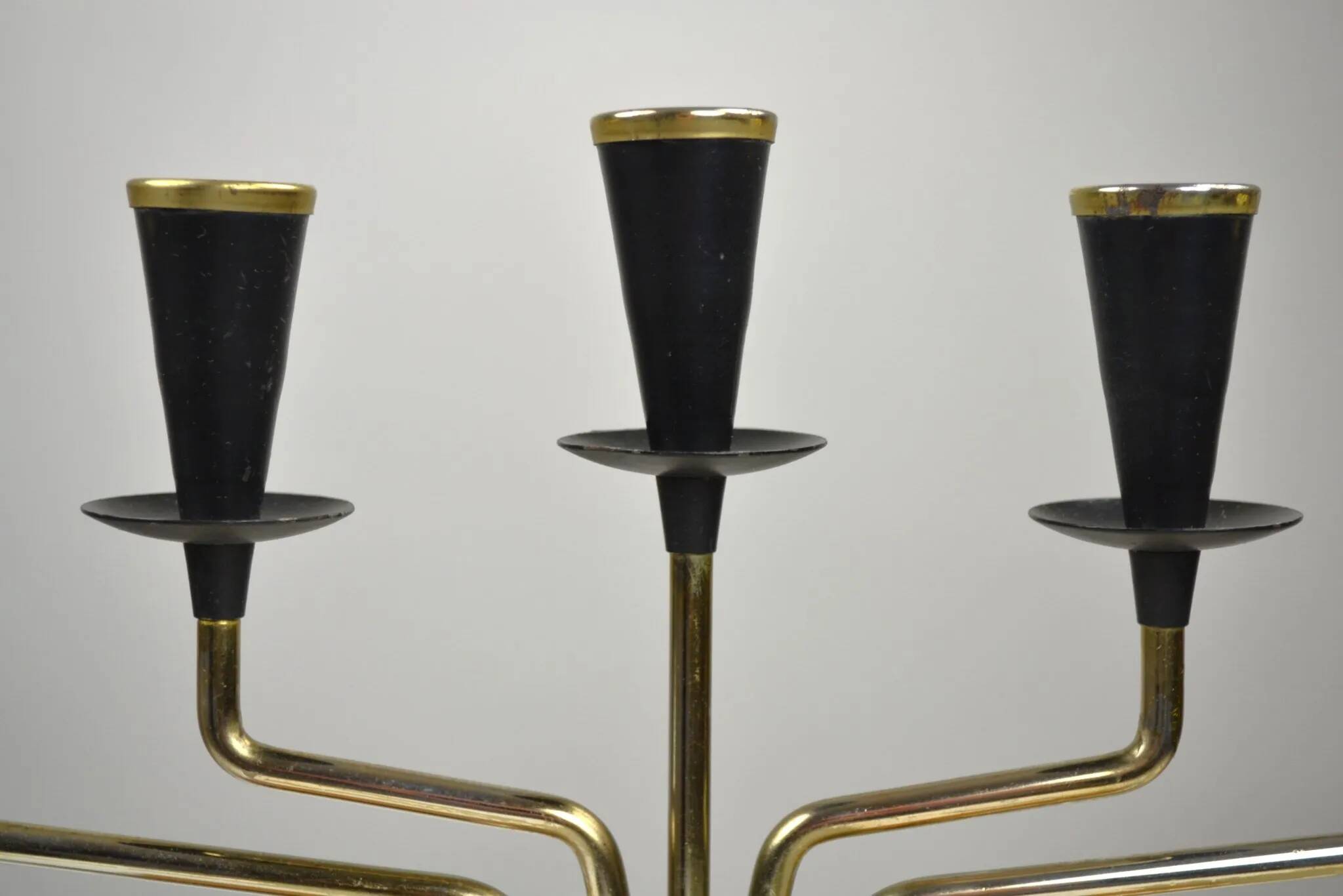 Brass, Black Painted Metal and Teak Candelabra by Gunnar Ander for Ystad-Metall, Sweden, 1960s