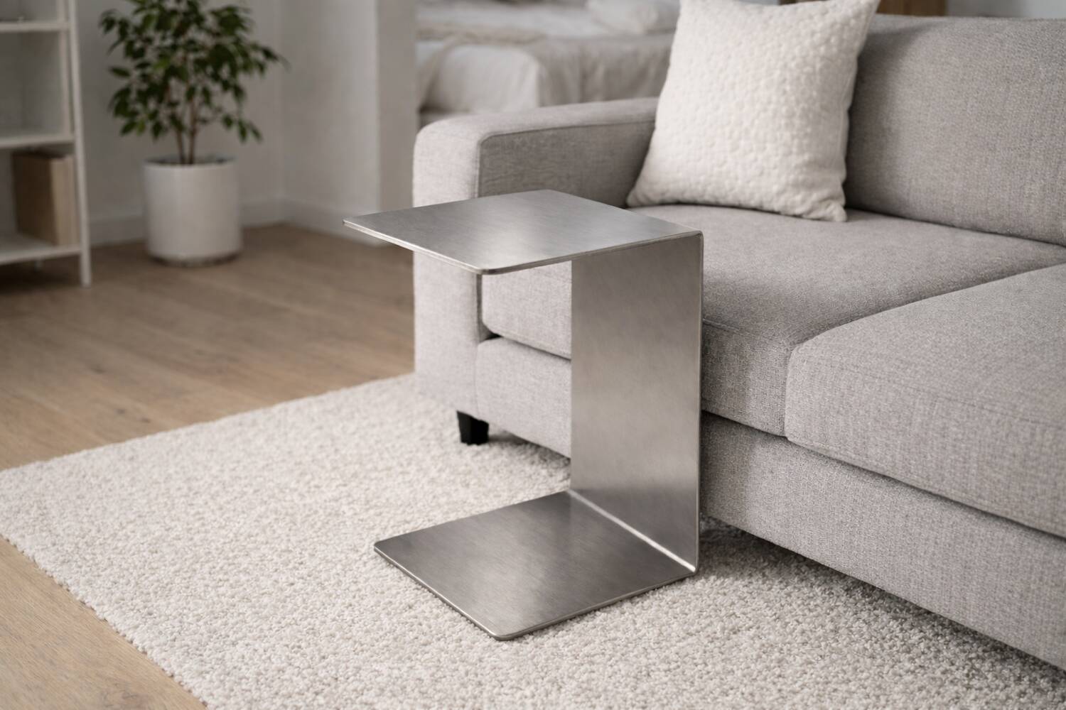 Minimalist Brushed Stainless Steel Side Table, Contemporary Sculptural