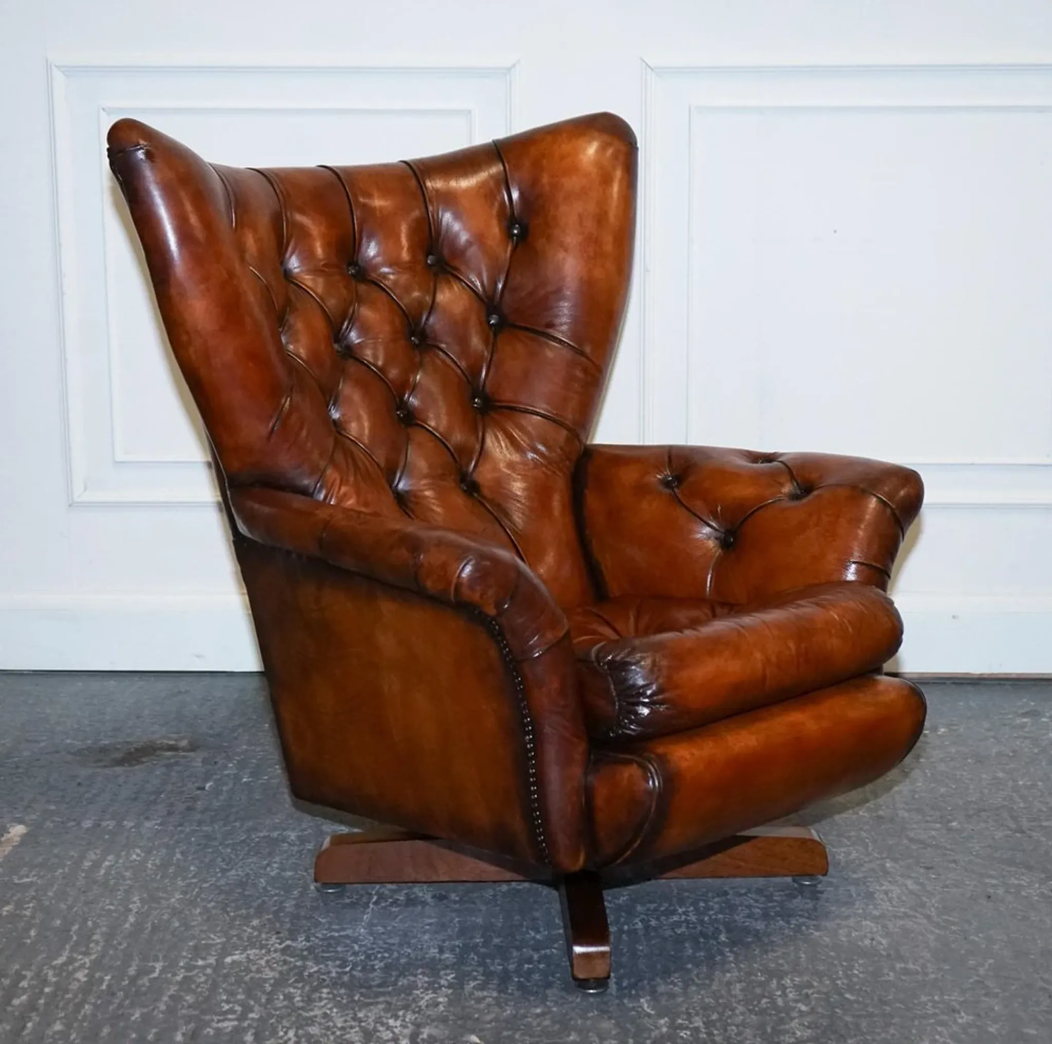 Vintage Brown Leather Armchair and Ottoman Set Hand-Dyed