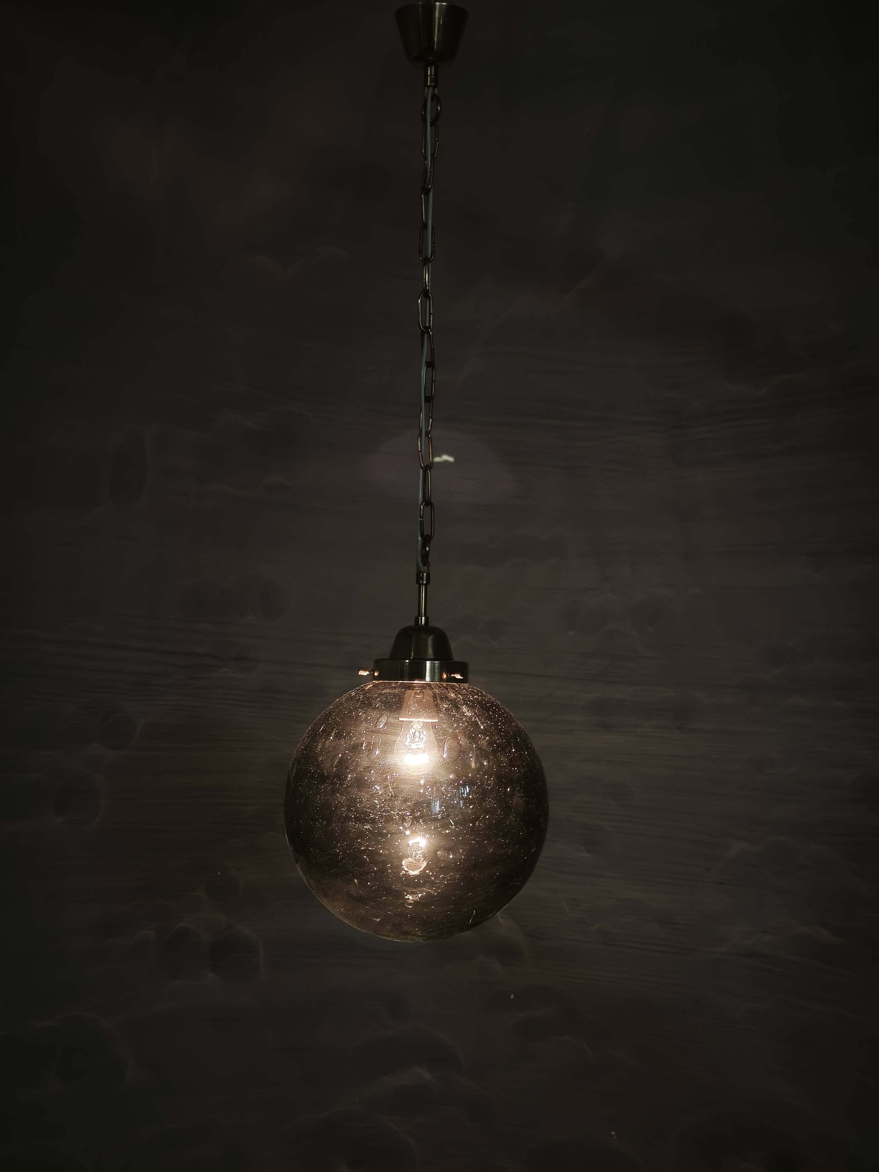 1970s Czech Smoked Glass Globe and Brass Pendant Light