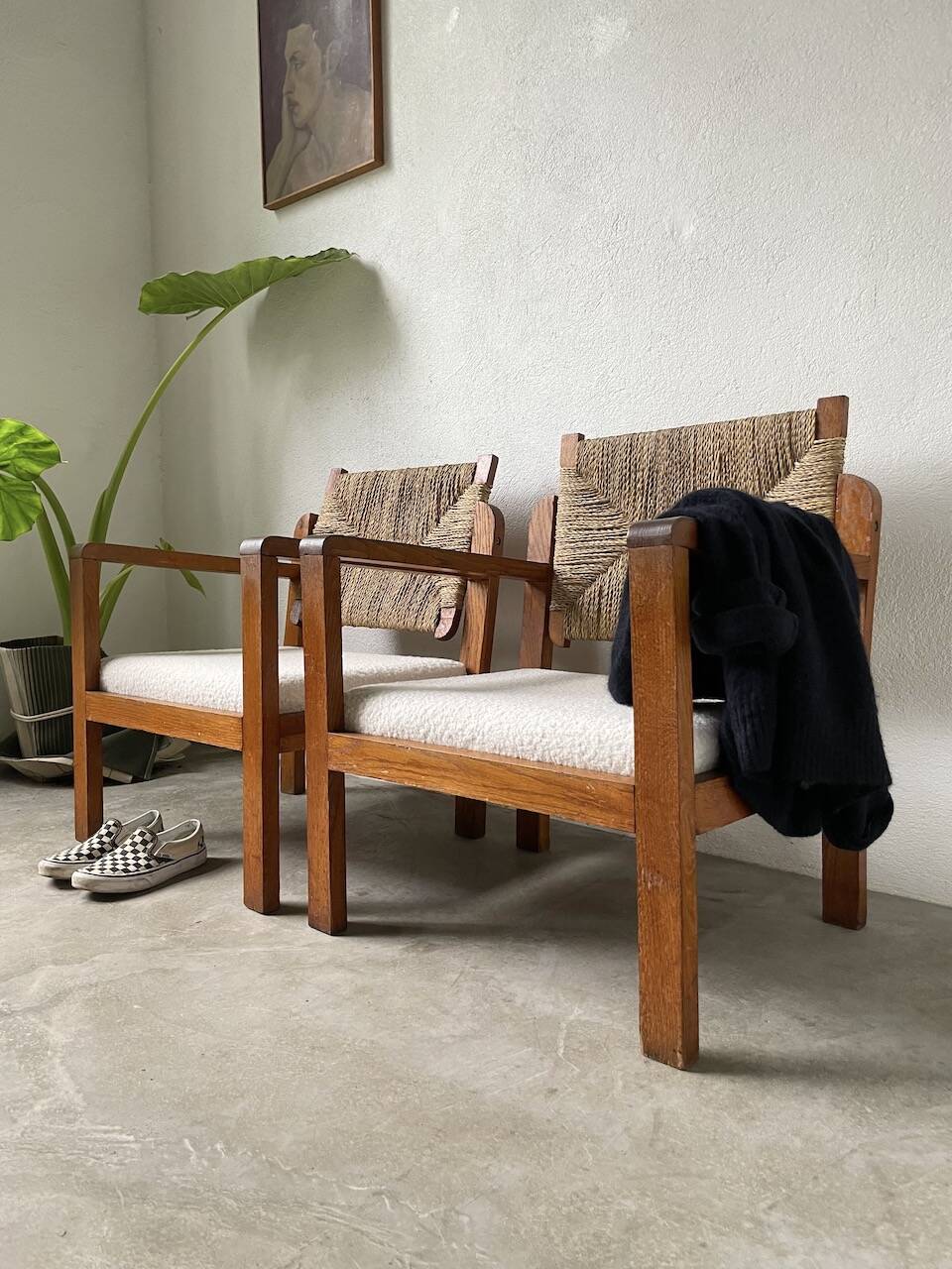 Pair of oak and straw armchairs, reconstruction style