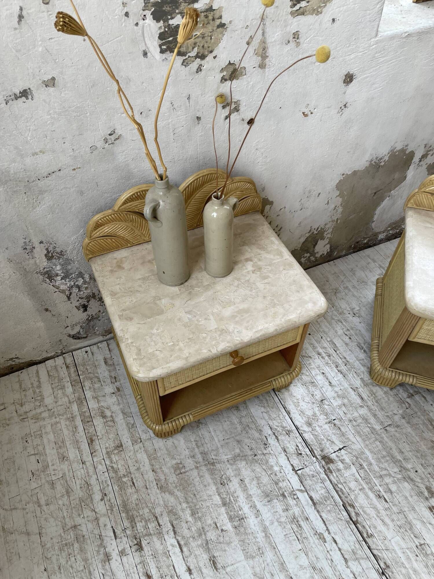 Pair of travertine bedside and rattan palm tree "vivai del sud"