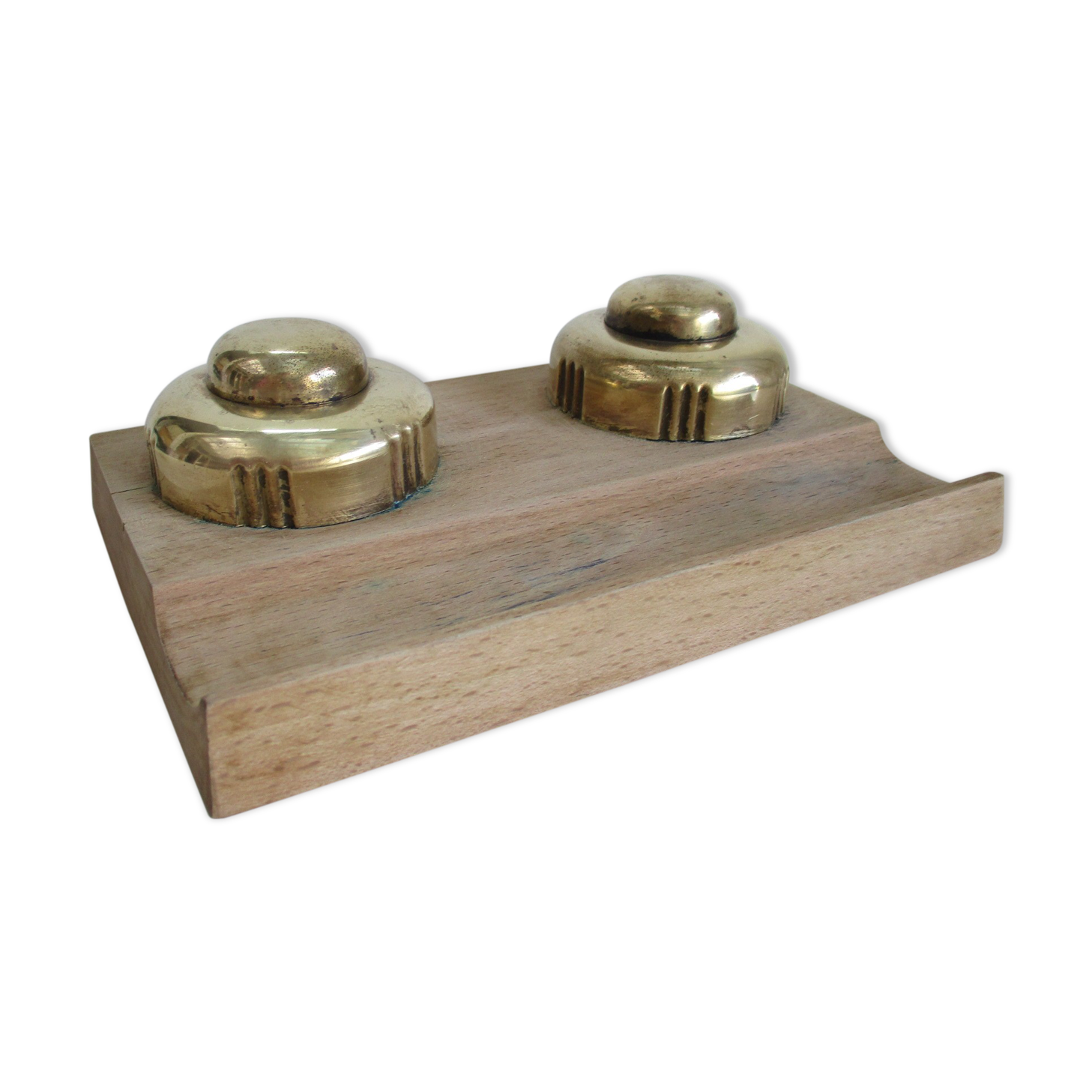 Double inkwell wood and brass
