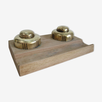 Double inkwell wood and brass