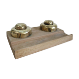 Double inkwell wood and brass