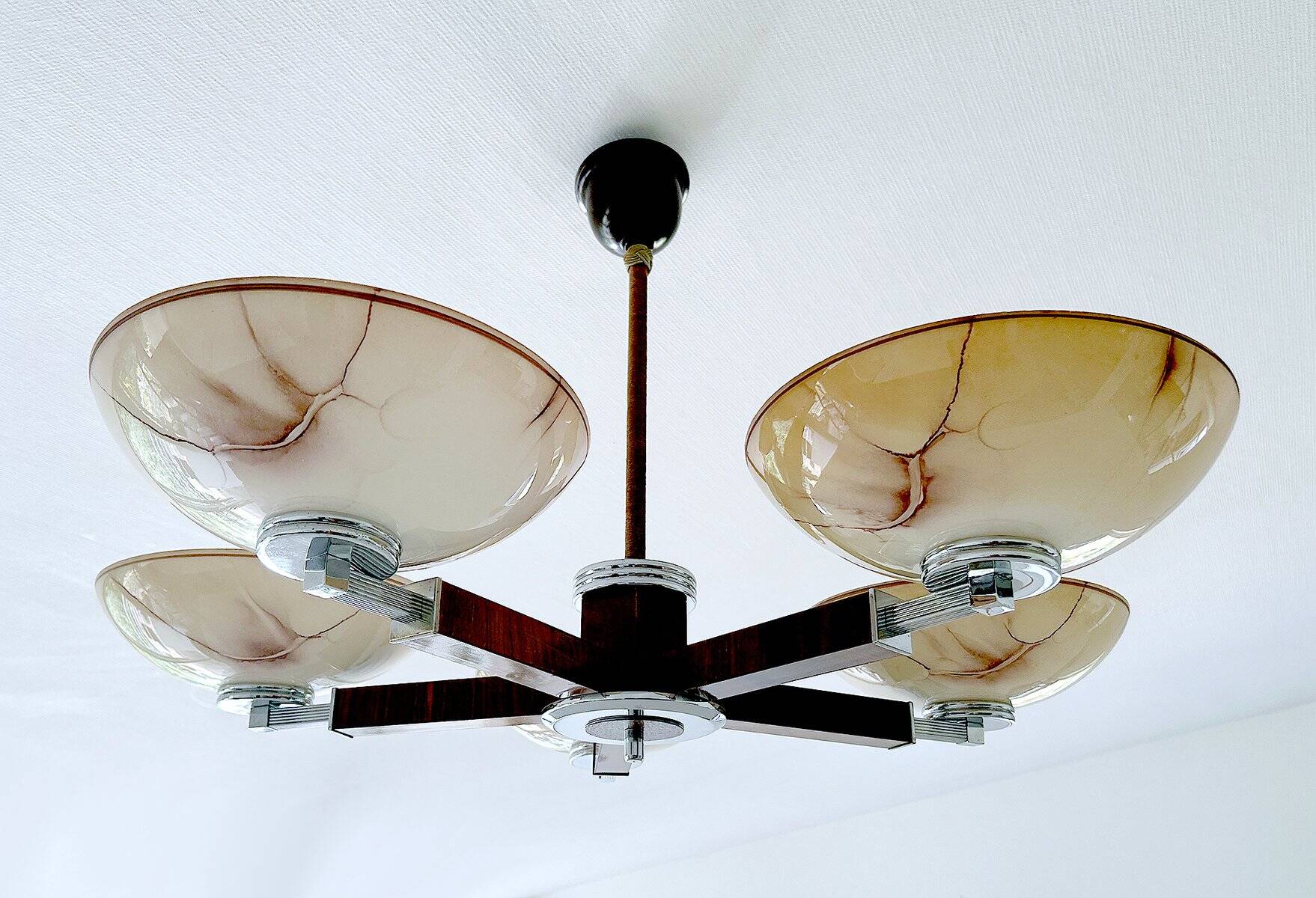 Large Art Deco pendant light in wood and glass, 1930s