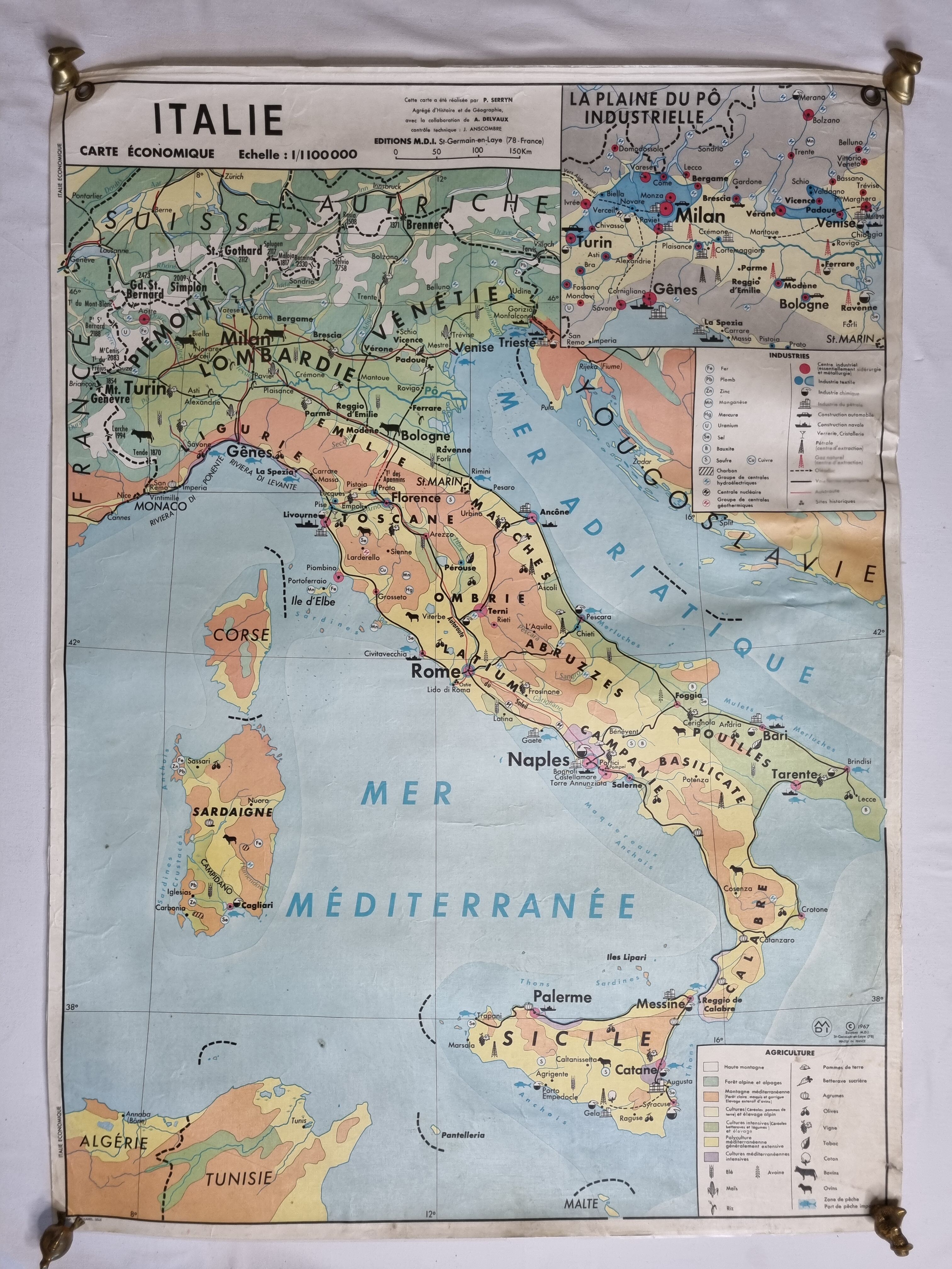 Pedagogical map MDI, 1968, reversible, physical map of Germany and economic map of Italy