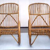 Franco Albini style, pair of rattan and bamboo rocking chairs. Italy 1950s
