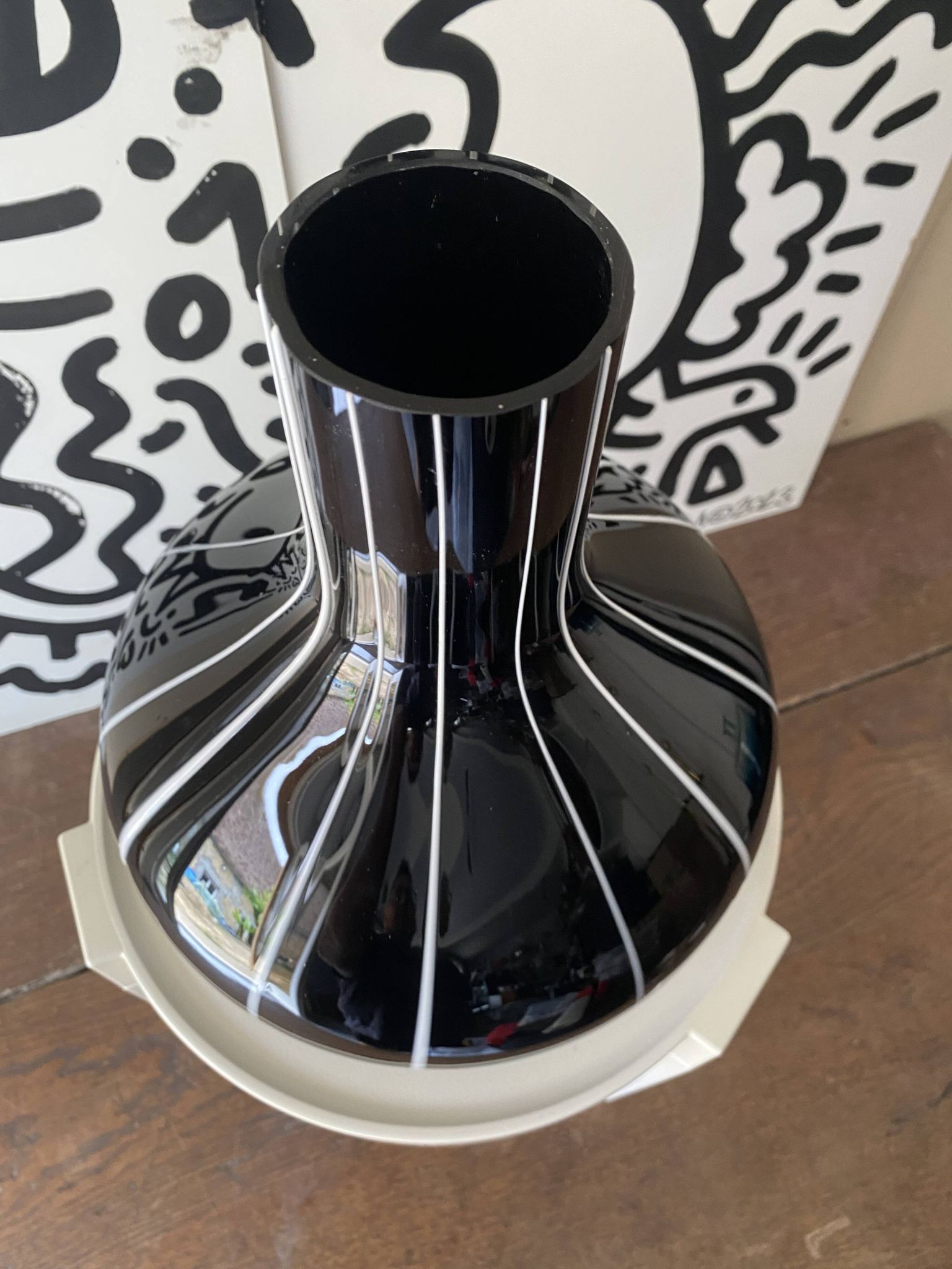 Black glass vase with white stripes, vintage 1950.