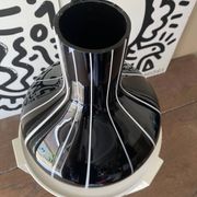 Black glass vase with white stripes, vintage 1950.