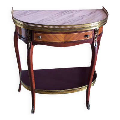 Petite console-desserte demi-lune style Louis XVI en acajou et marbre