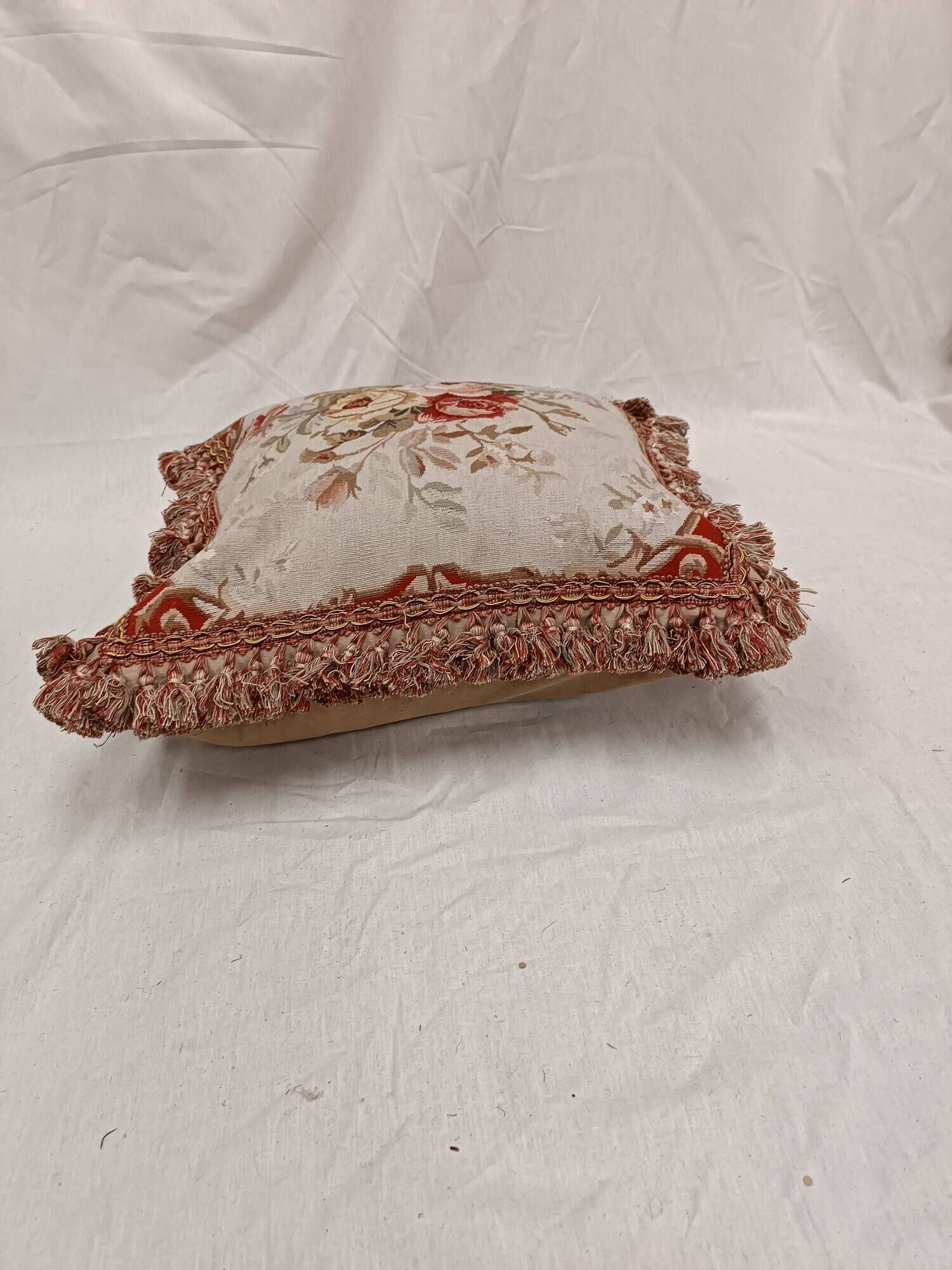 French Style Aubusson Floral Tapestry Cushion, Rose Bouquet & Tassel Fringe