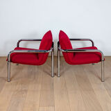 Paire de fauteuils italiens en métal chromé et tissu rouge, 1970