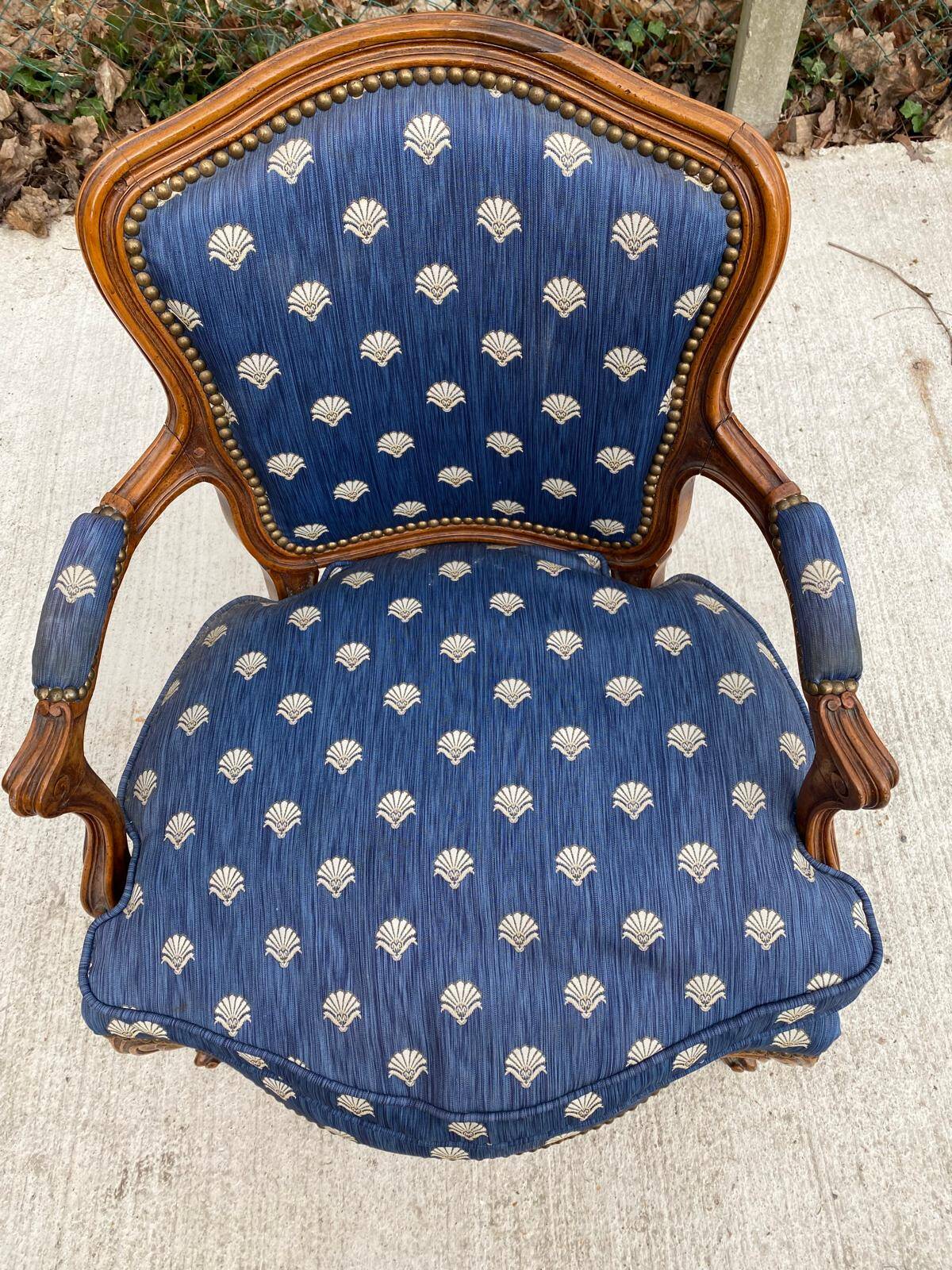 Bergère armchair Louis XV blue silk fabric embroidered
