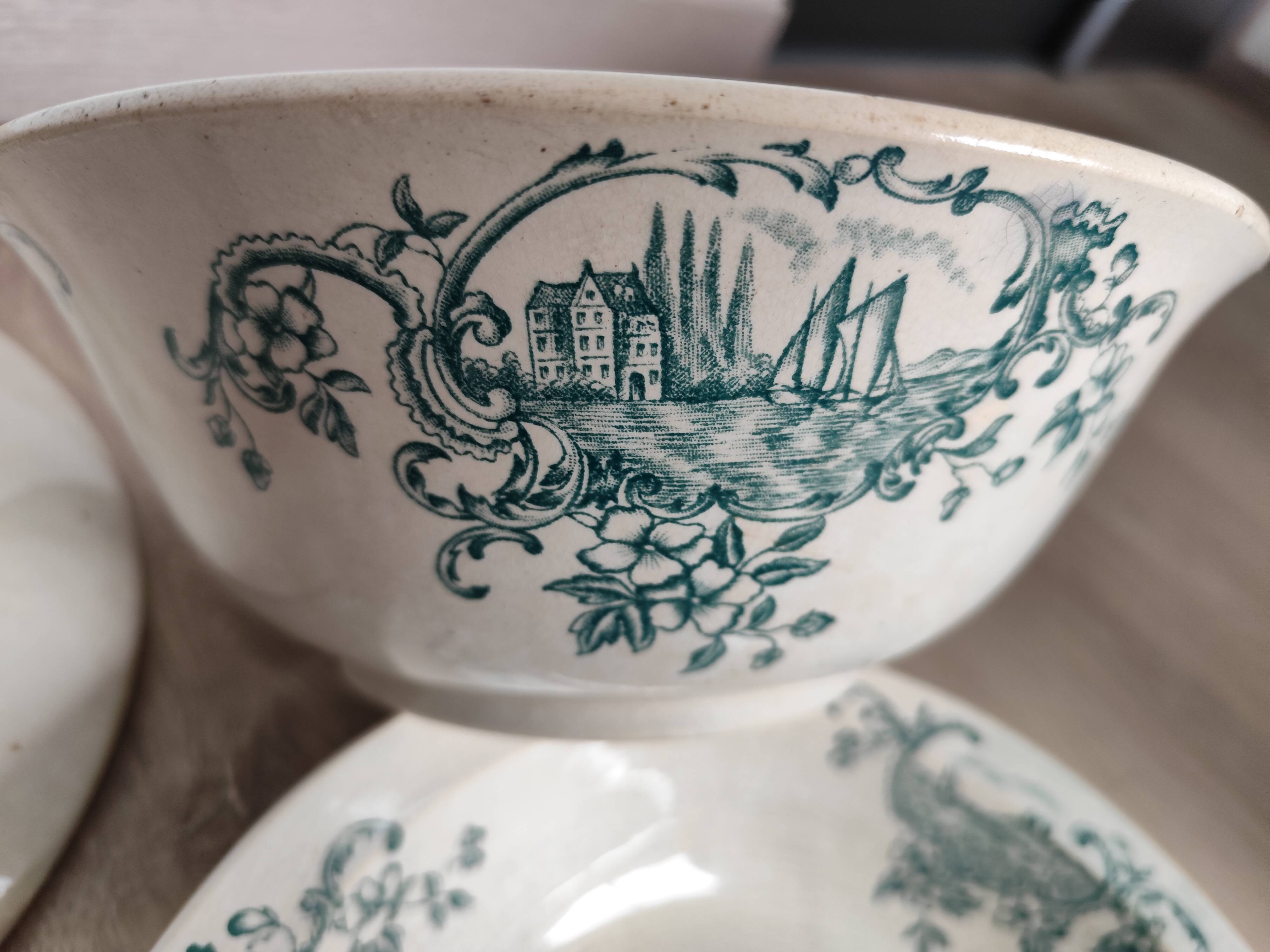 Trio of dishes: Salad bowl, Vegetable dish & Deep plate Faïence de Lyon Model