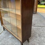 Mid-century brown wooden library (beech & pine) with glass doors from the 1960s.