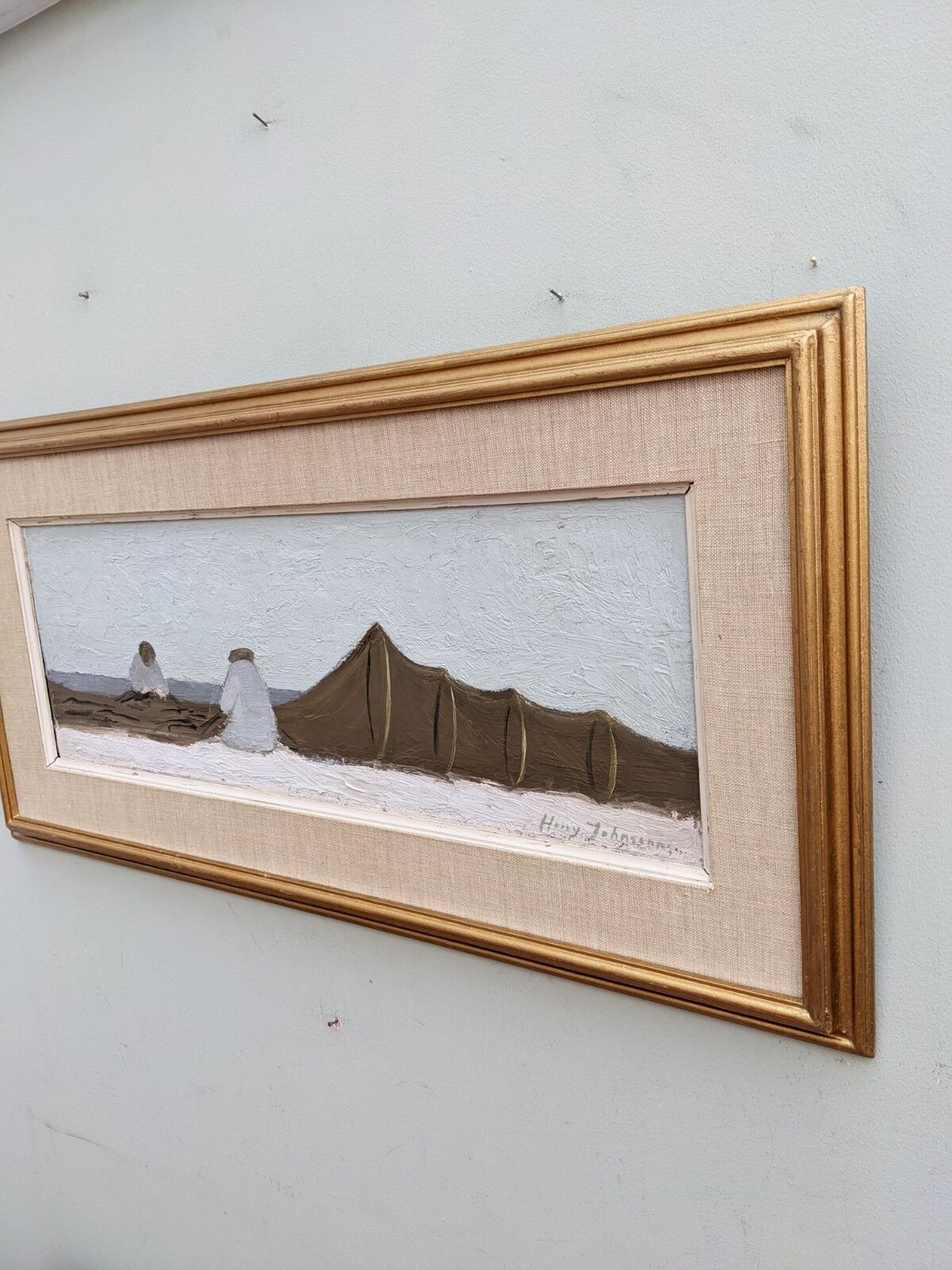 Mid-Century Modern "By the Shore" Swedish Seascape Oil Painting, Framed