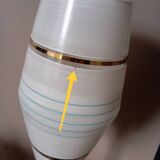 Mid-century gold metal table lamp with white striped shade