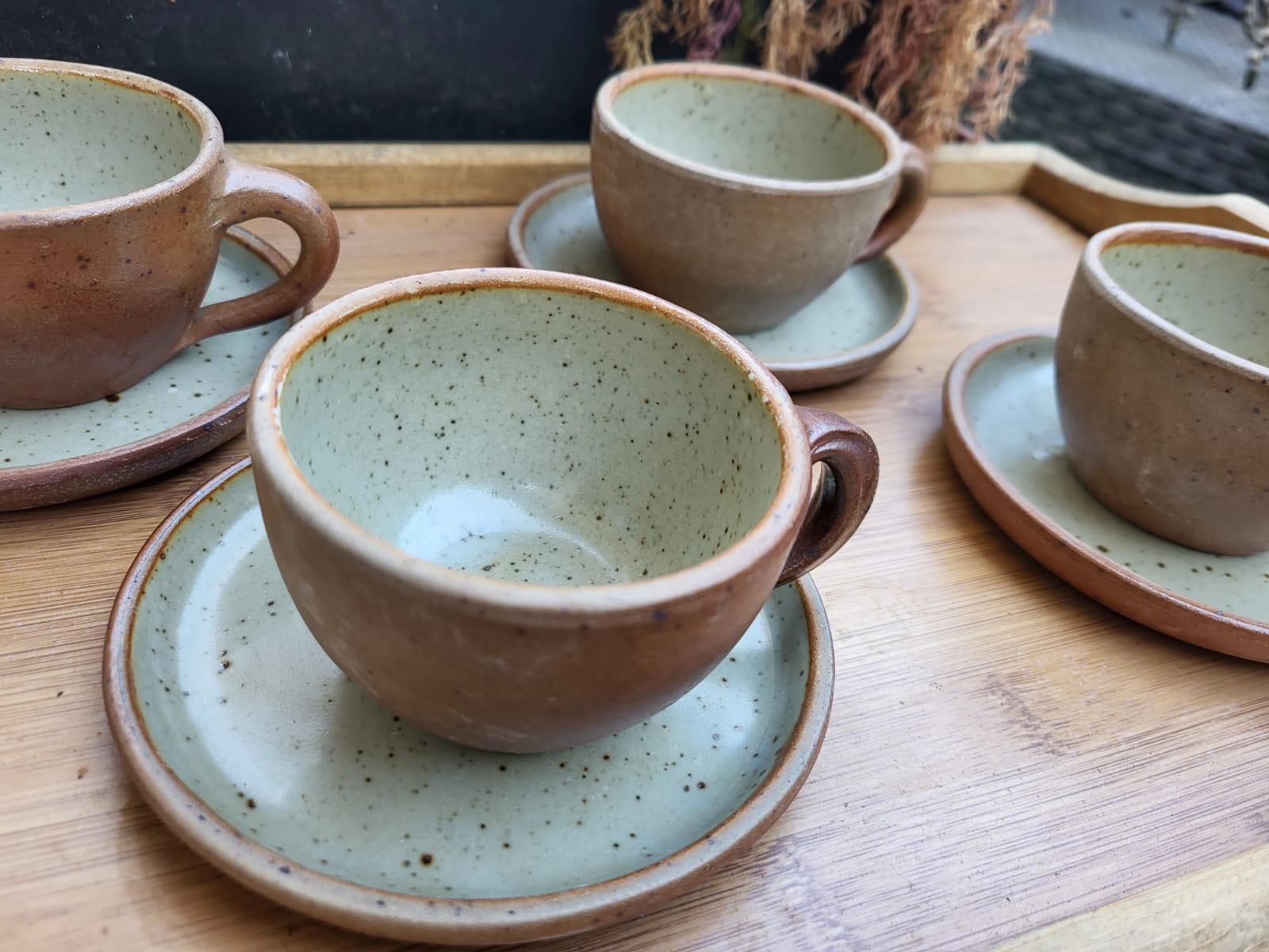 Set of 4 stoneware cups and sub-cups - vintage
