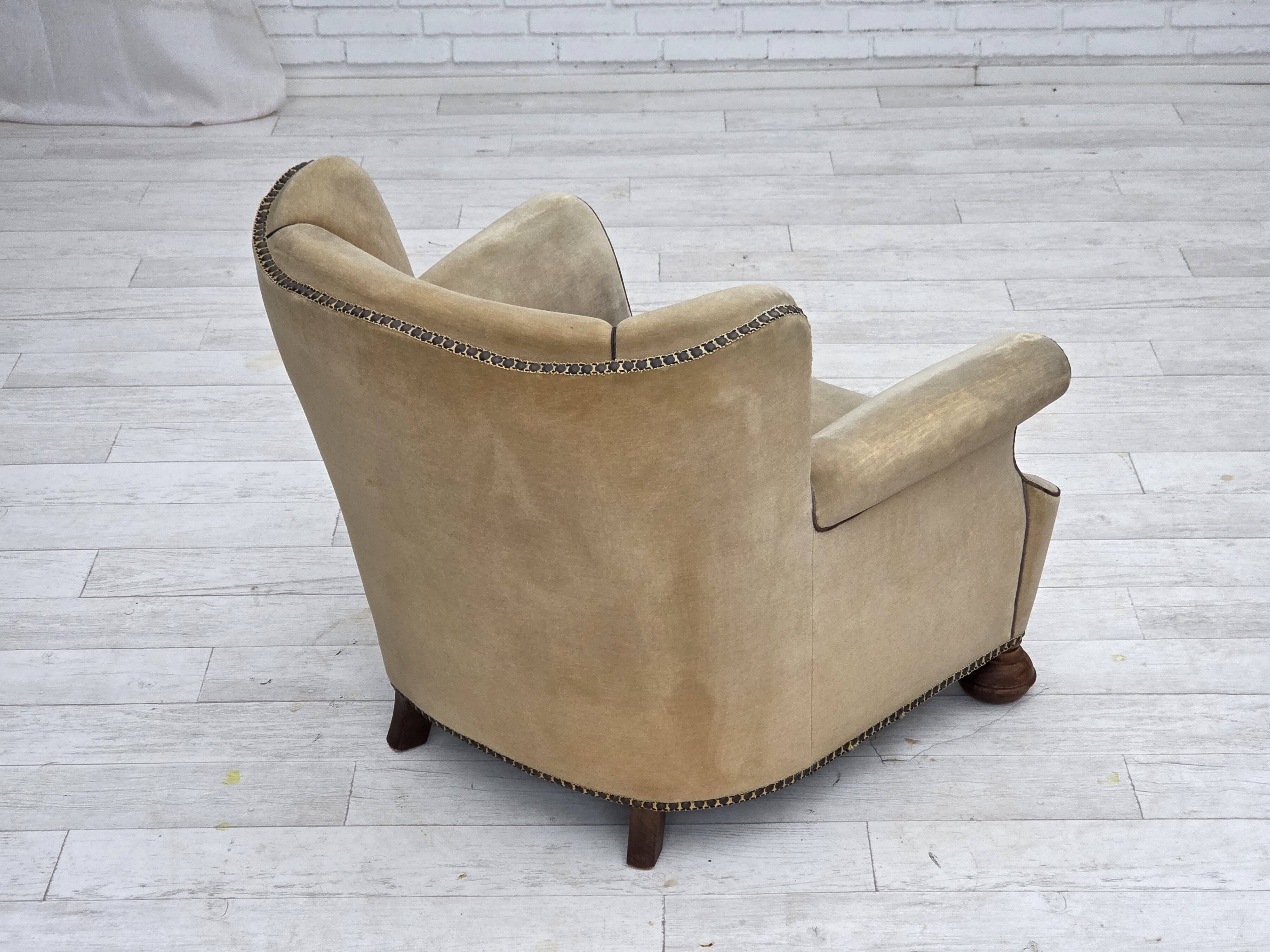 1950s, Danish relax chair, furniture velour with patina, oak wood legs.