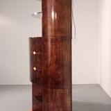 Iconic Aldo Tura brown goatskin bar cabinet with electric lift & mirror interior.