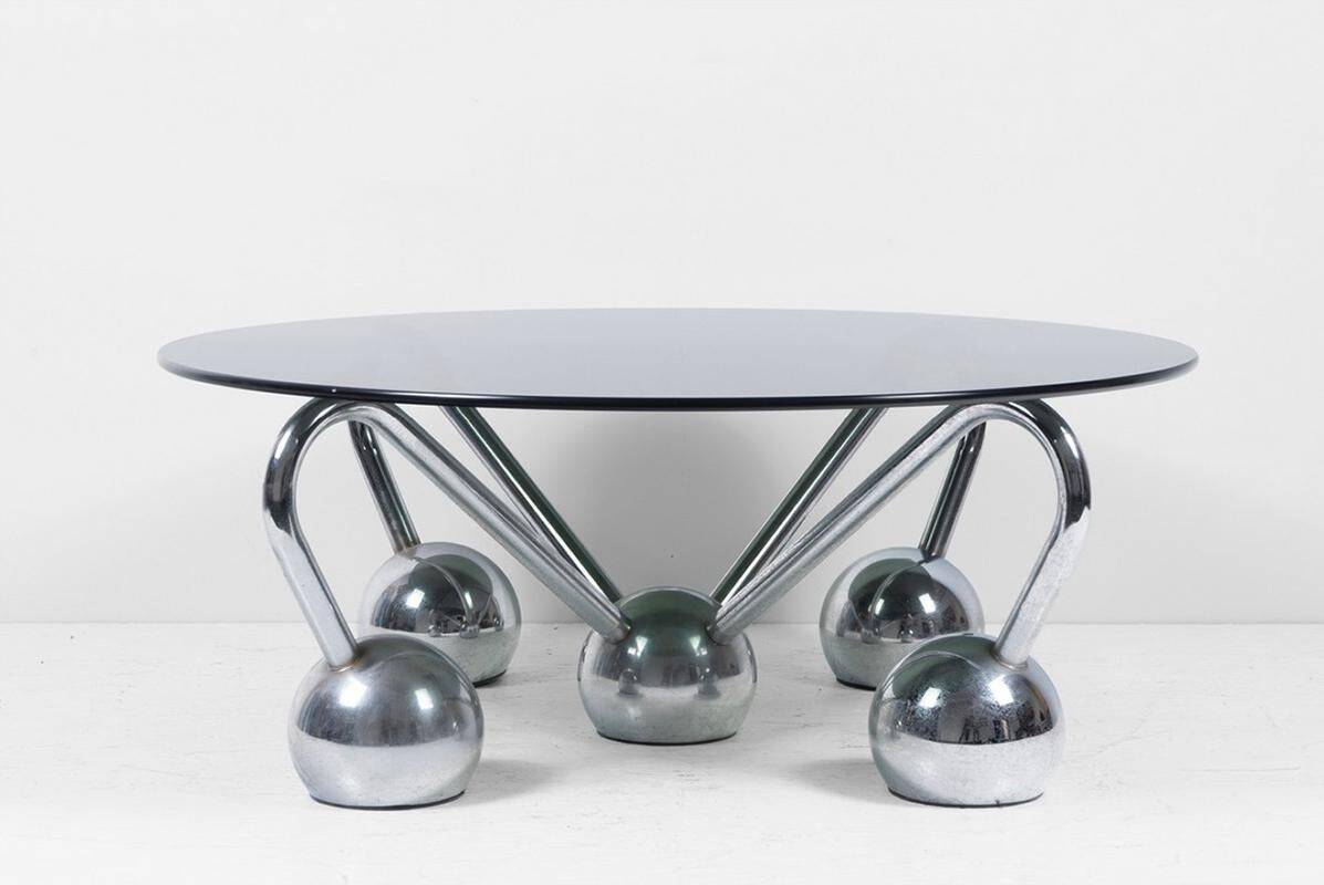 Sputnik Coffee Table in Chromed Metal and Smoked Glass