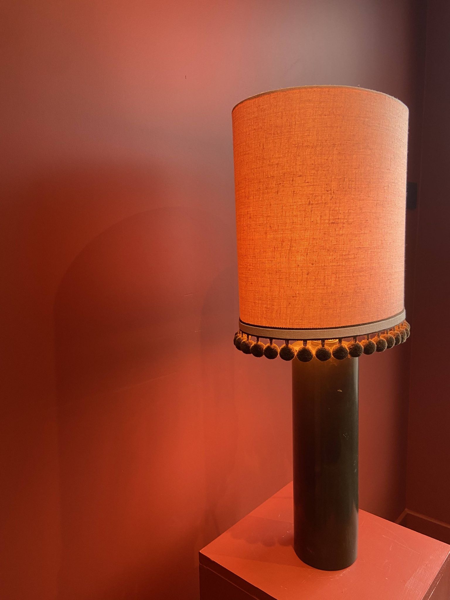 Copper "bouillotte" lamp with Ashoka Silk shade, pom-poms of c