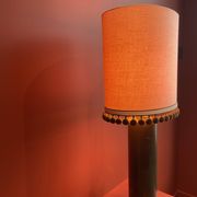 Copper "bouillotte" lamp with Ashoka Silk shade, pom-poms of c